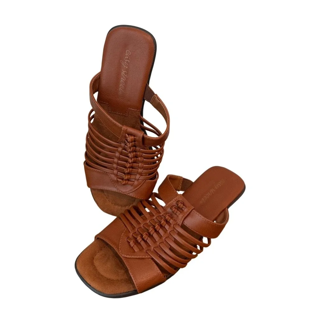 Easy Street Tan Brown Strappy Cage Slide Wedge Sandals Women's - 7WW